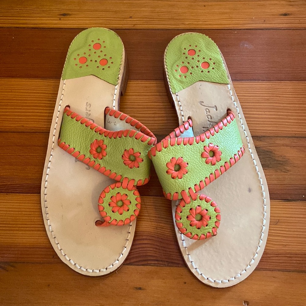 JACK ROGERS green and coral flat sandals